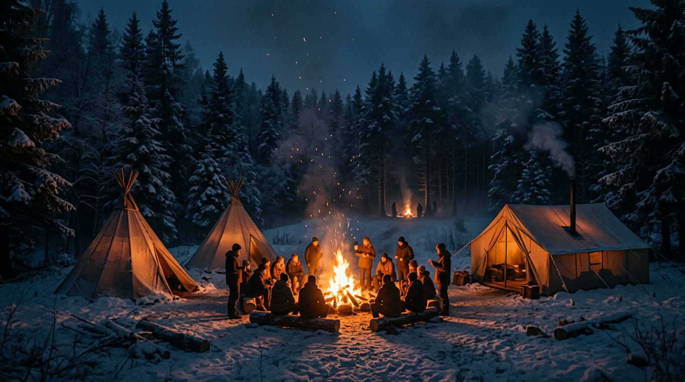 Steinbruch bei Nacht mit Lagerfeuer